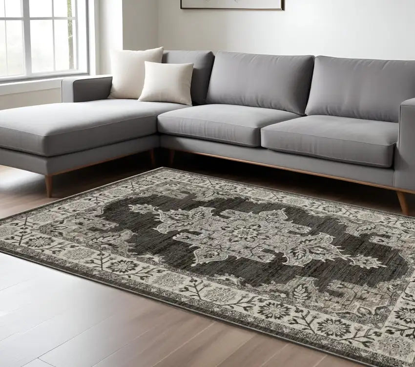 Gray And Beige Medallion Area Rug With Fringe Photo 1