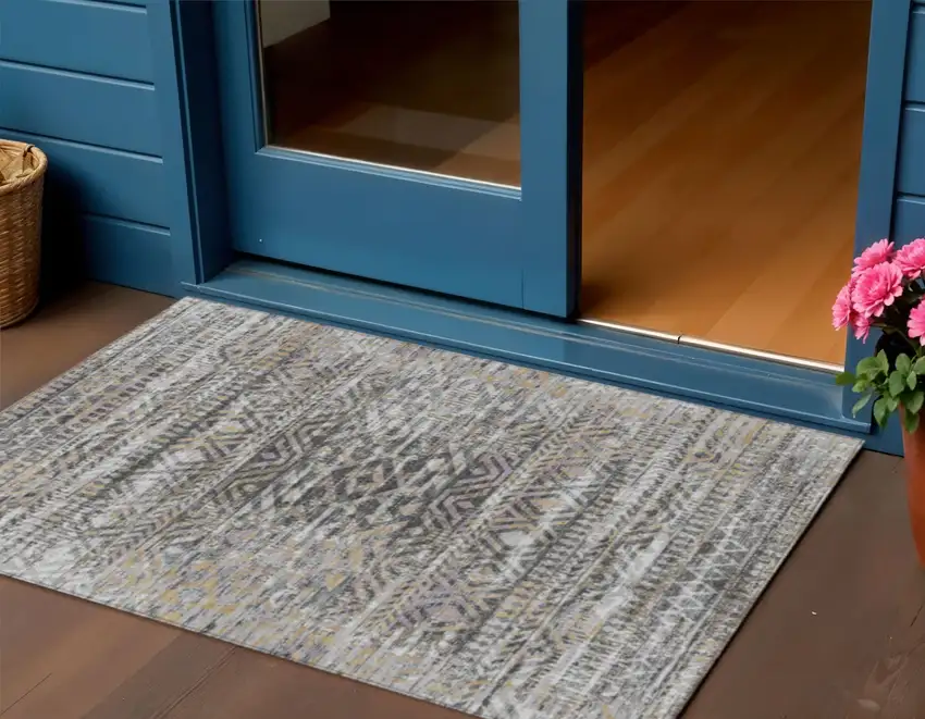 Gray And Beige Moroccan Washable Indoor Outdoor Area Rug Photo 2