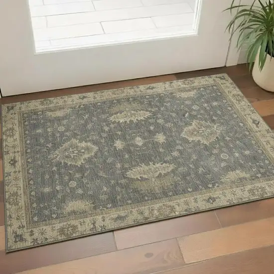 Gray And Beige Oriental Washable Area Rug With UV Protection Photo 2