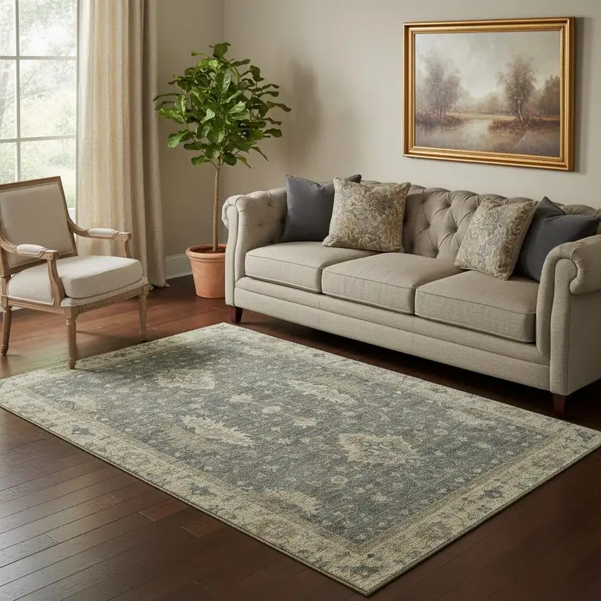 Gray And Beige Oriental Washable Area Rug With UV Protection Photo 2