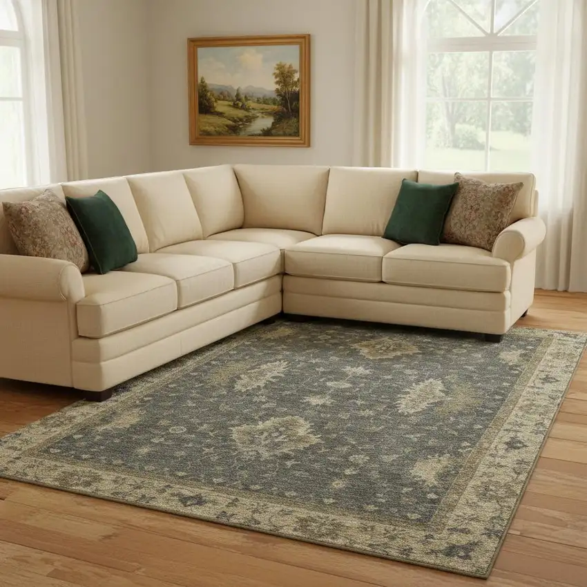 Gray And Beige Oriental Washable Area Rug With UV Protection Photo 2