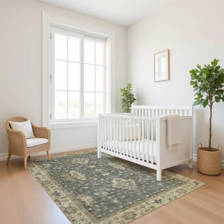 Gray And Beige Oriental Washable Area Rug With UV Protection Photo 5