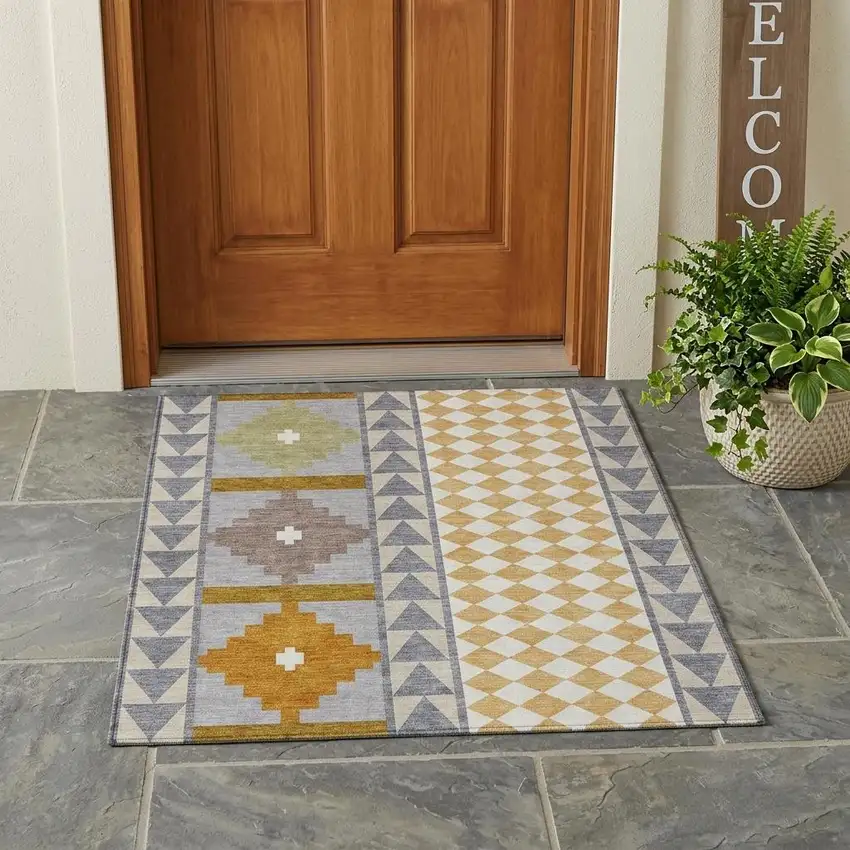Gray And Beige Southwestern Washable Indoor Outdoor Area Rug Photo 1