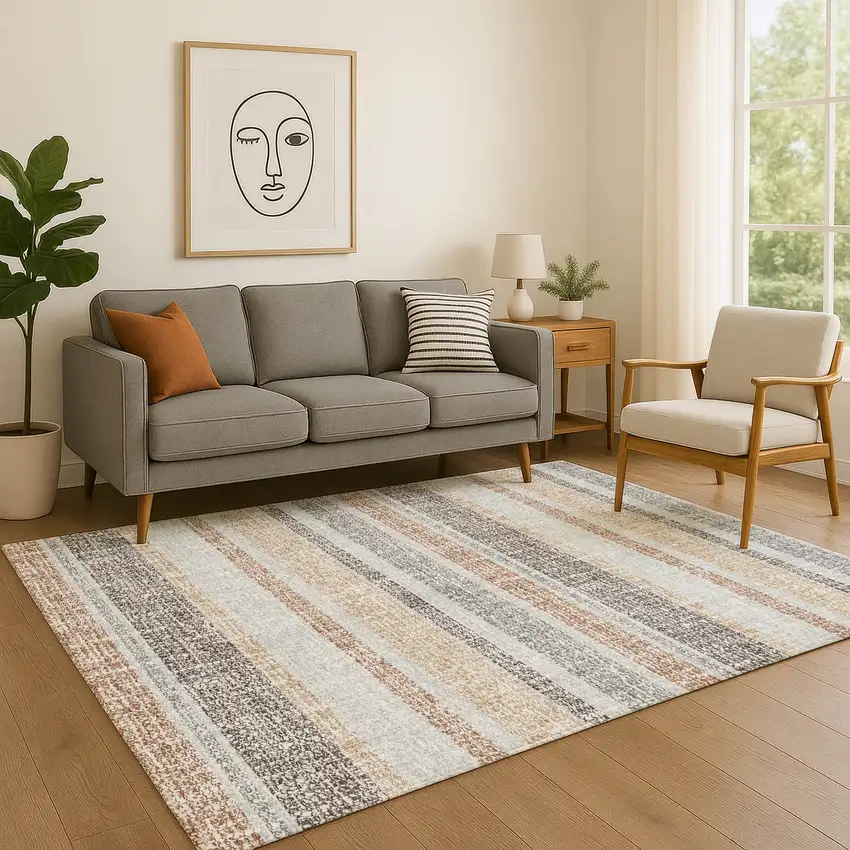 Gray And Beige Striped Washable Area Rug With UV Protection Photo 5