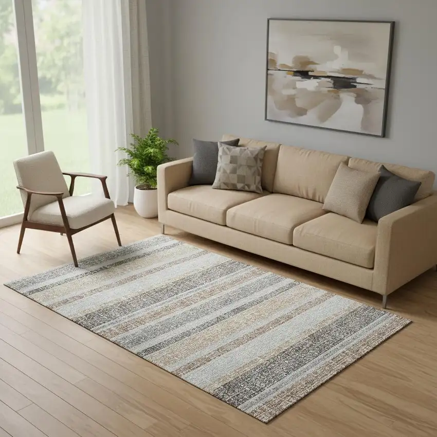 Gray And Beige Striped Washable Area Rug With UV Protection Photo 2