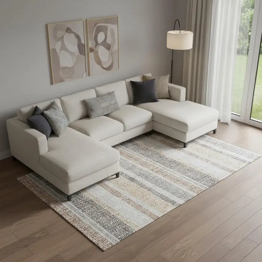 Gray And Beige Striped Washable Area Rug With UV Protection Photo 2