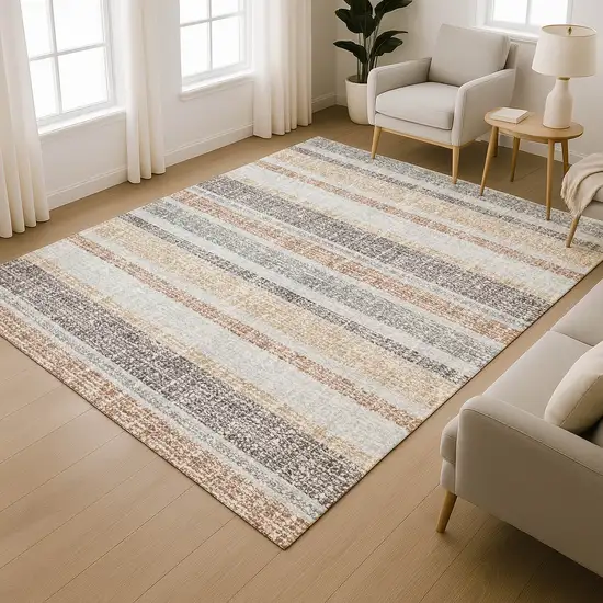 Gray And Beige Striped Washable Area Rug With UV Protection Photo 6