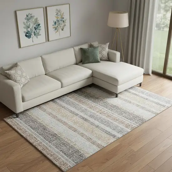 Gray And Beige Striped Washable Area Rug With UV Protection Photo 2