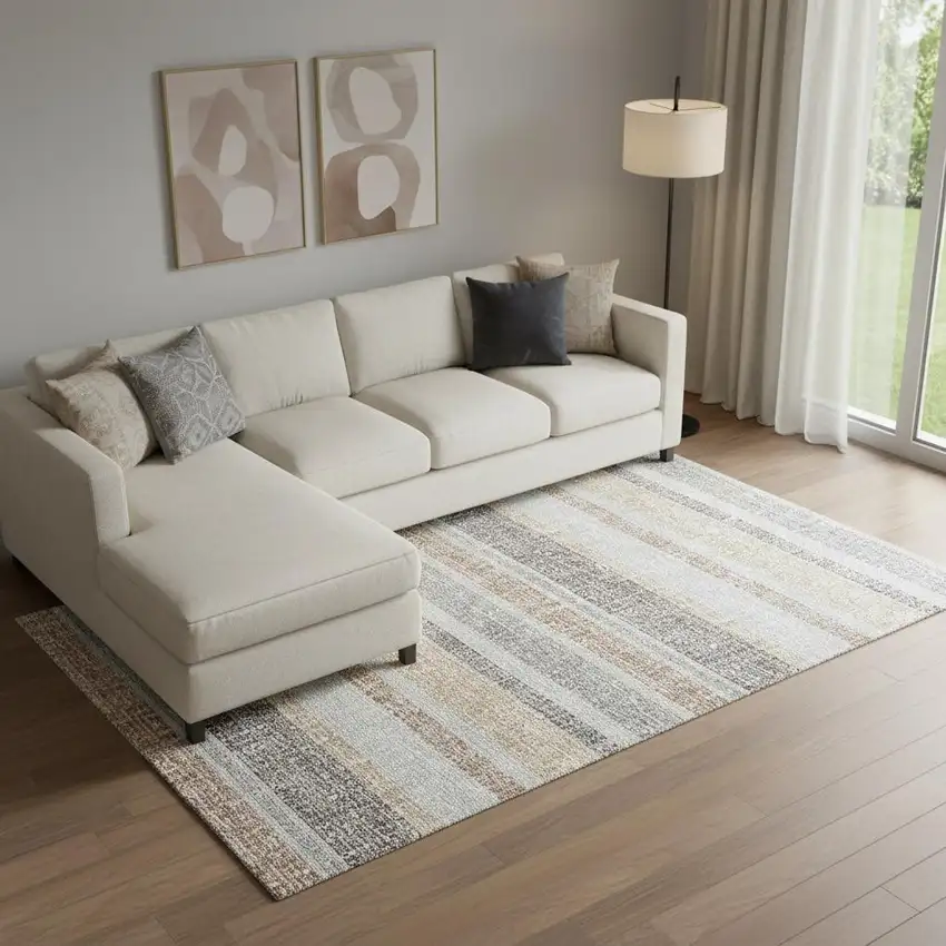 Gray And Beige Striped Washable Area Rug With UV Protection Photo 2