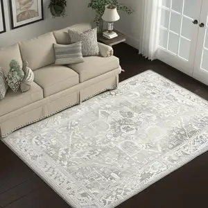 Photo of Gray And Beige Tribal Washable Area Rug With UV Protection