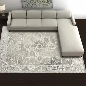 Photo of Gray And Beige Tribal Washable Area Rug With UV Protection