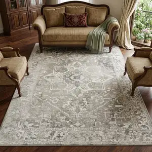 Photo of Gray And Beige Tribal Washable Area Rug With UV Protection