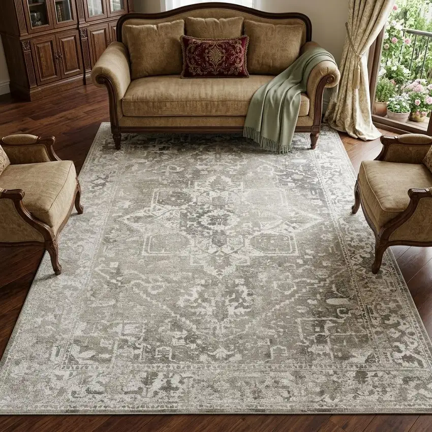 Gray And Beige Tribal Washable Area Rug With UV Protection Photo 1