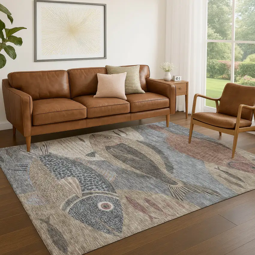 Gray And Beige Tropical Fish Washable Indoor Outdoor Area Rug Photo 5