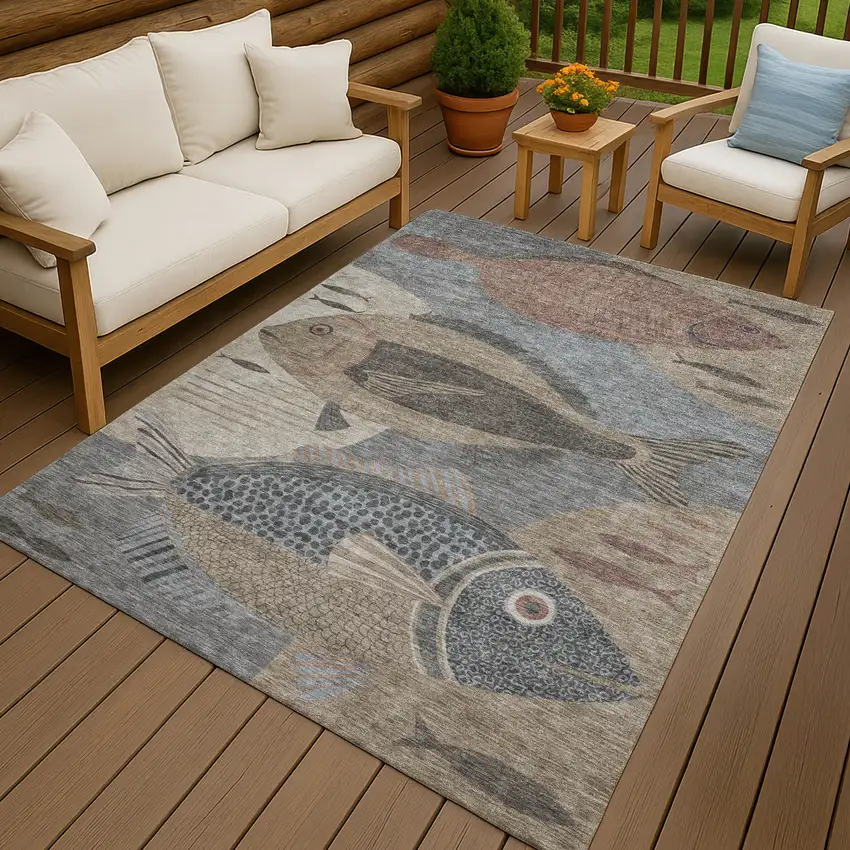 Gray And Beige Tropical Fish Washable Indoor Outdoor Area Rug Photo 4