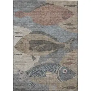 Photo of Gray And Beige Tropical Fish Washable Indoor Outdoor Area Rug