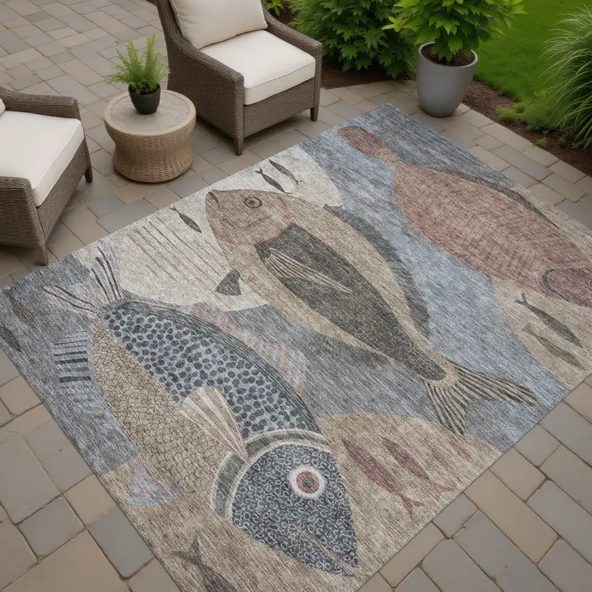 Gray And Beige Tropical Fish Washable Indoor Outdoor Area Rug Photo 7