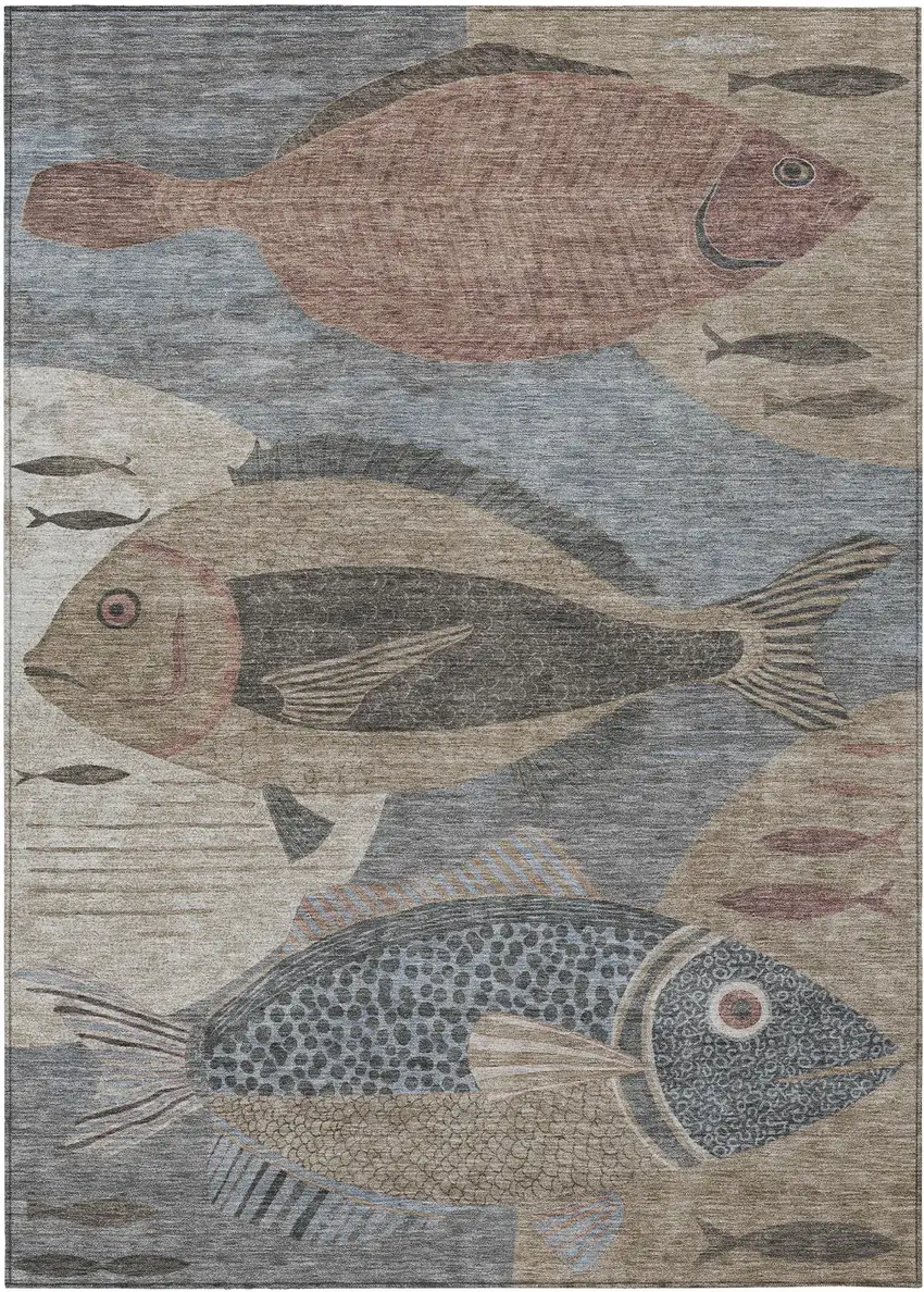 Gray And Beige Tropical Fish Washable Indoor Outdoor Area Rug Photo 1