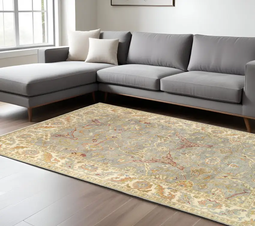 Gray And Beige Wool Oriental Hand Knotted Area Rug Photo 1