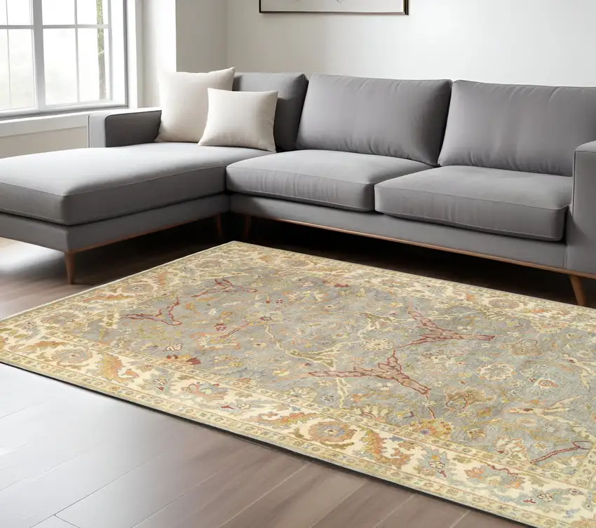 Gray And Beige Wool Oriental Hand Knotted Area Rug Photo 1