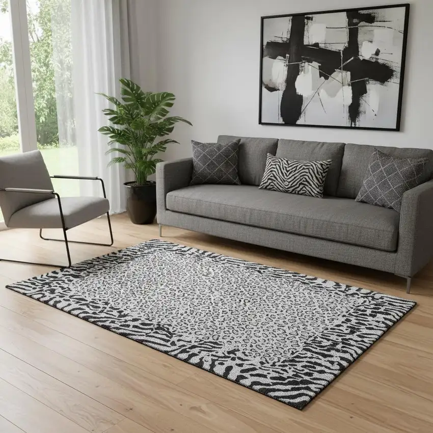 Gray And Black Animal Print Washable Area Rug With UV Protection Photo 2