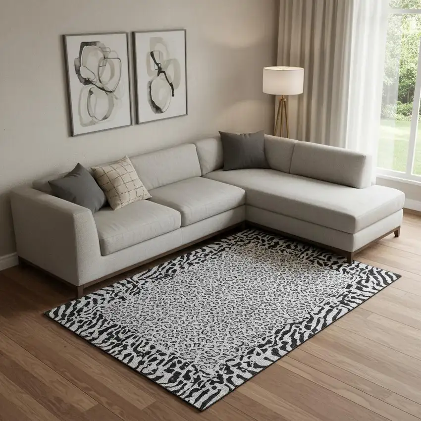 Gray And Black Animal Print Washable Area Rug With UV Protection Photo 2