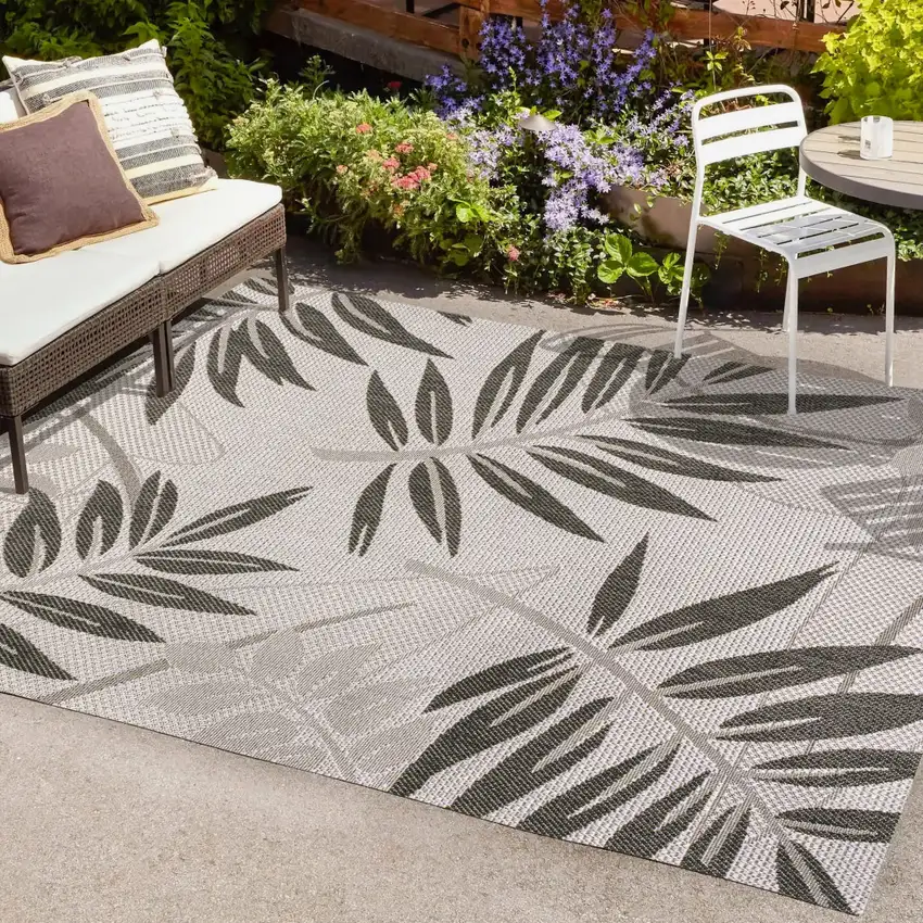 Gray And Black Floral Indoor Outdoor Area Rug Photo 7