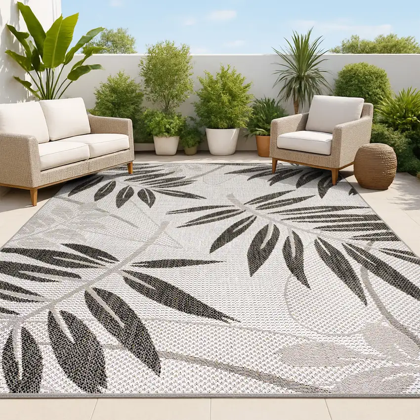 Gray And Black Floral Indoor Outdoor Area Rug Photo 2
