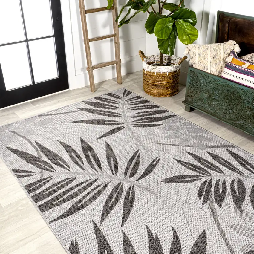 Gray And Black Floral Indoor Outdoor Area Rug Photo 5