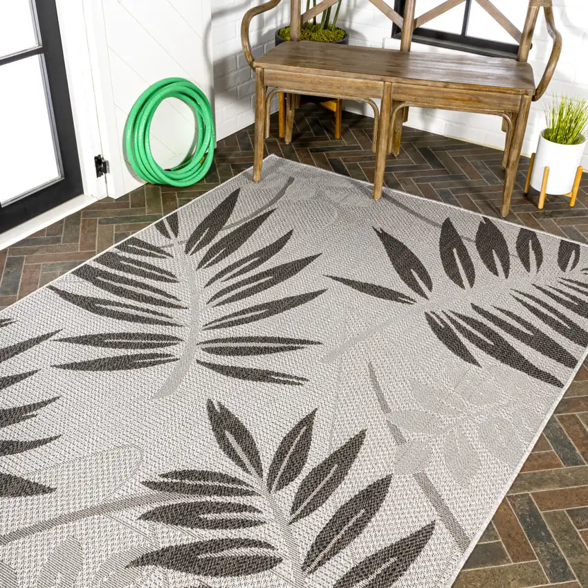 Gray And Black Floral Indoor Outdoor Area Rug Photo 9