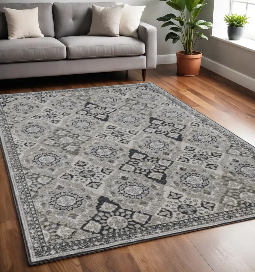 Gray and Black Floral Power Loom Non Skid Area Rug Photo 1