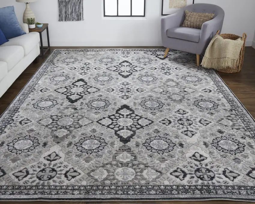 Gray And Black Floral Power Loom Area Rug Photo 3