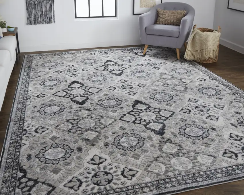 Gray And Black Floral Power Loom Area Rug Photo 4