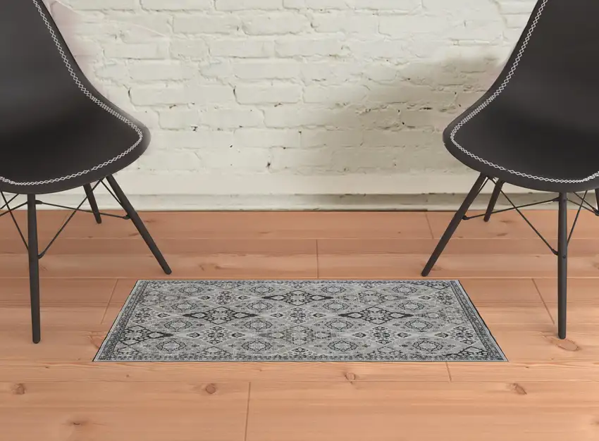 Gray And Black Floral Power Loom Area Rug Photo 2