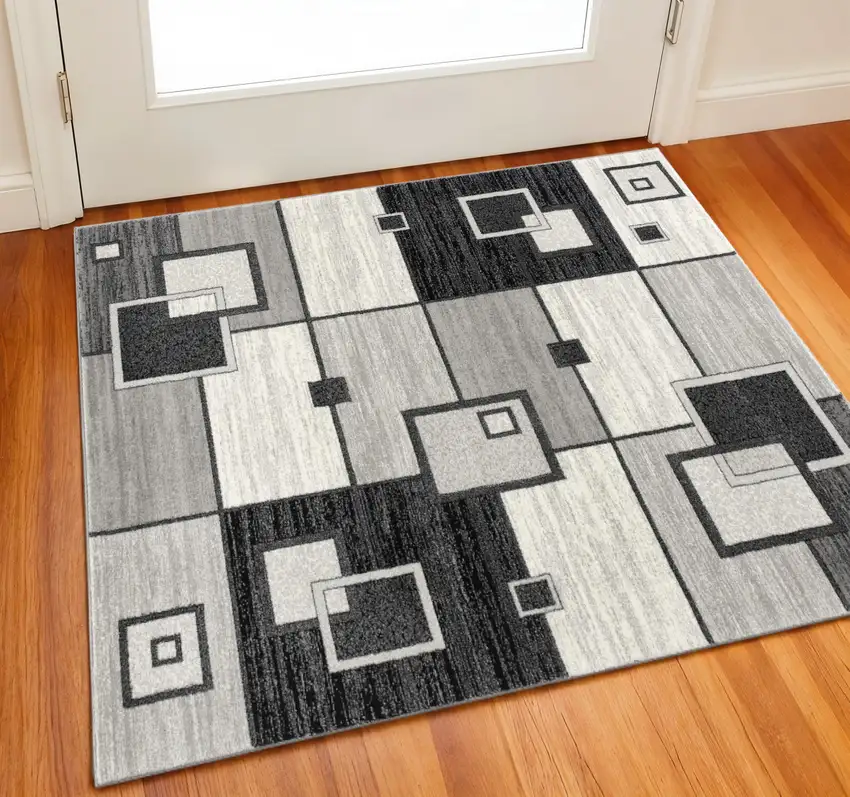 Gray And Black Geometric Square Rug Photo 1
