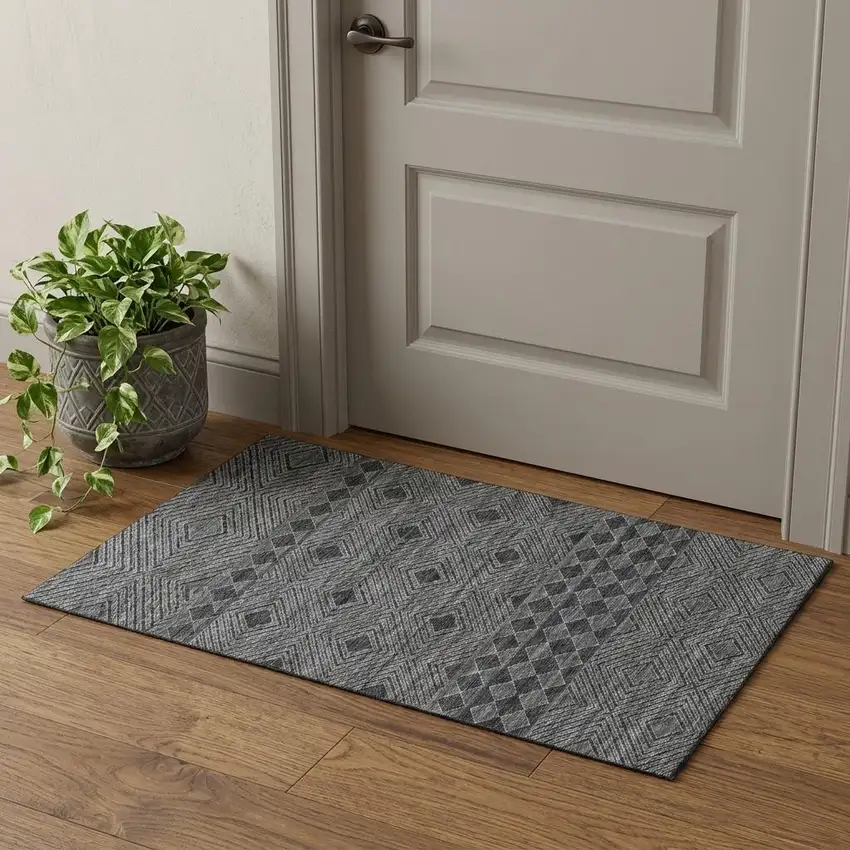 Gray And Black Tribal Distressed Washable Area Rug With UV Protection Photo 1