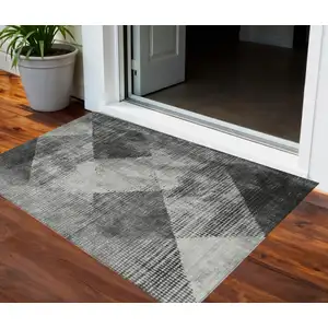 Photo of Gray And Black Geometric Washable Indoor Outdoor Area Rug