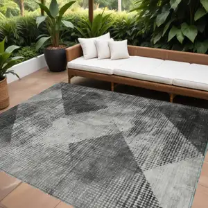 Photo of Gray And Black Geometric Washable Indoor Outdoor Area Rug