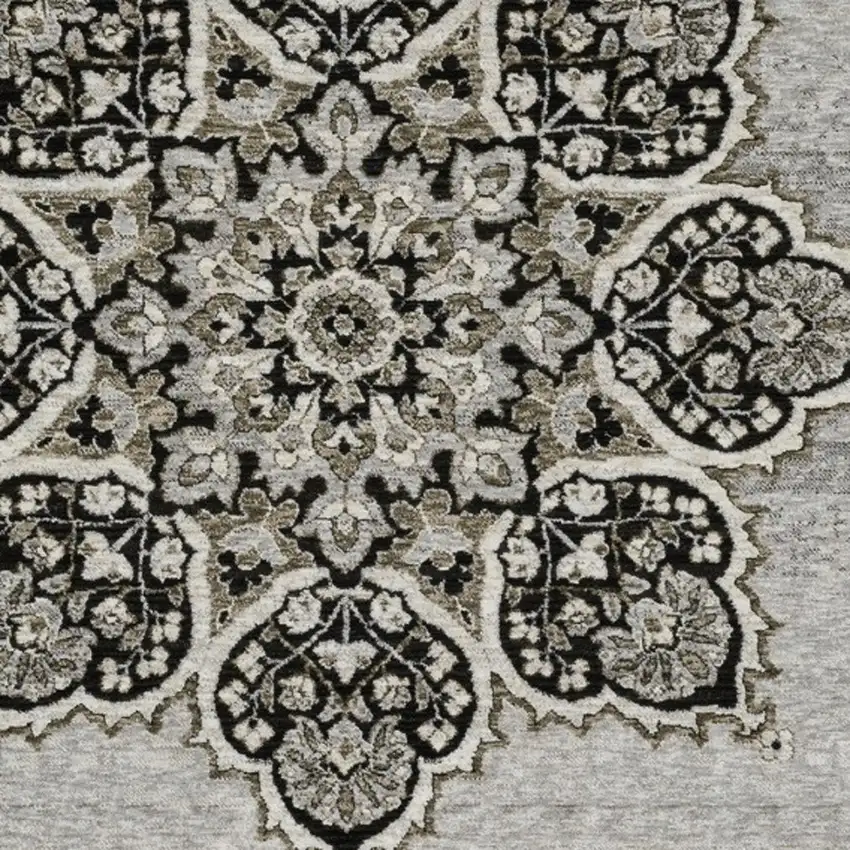 Gray And Black Medallion Area Rug With Fringe Photo 6