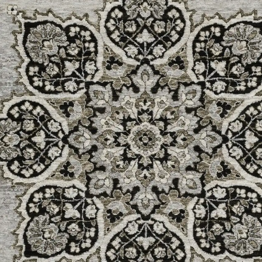 Gray And Black Medallion Area Rug With Fringe Photo 5