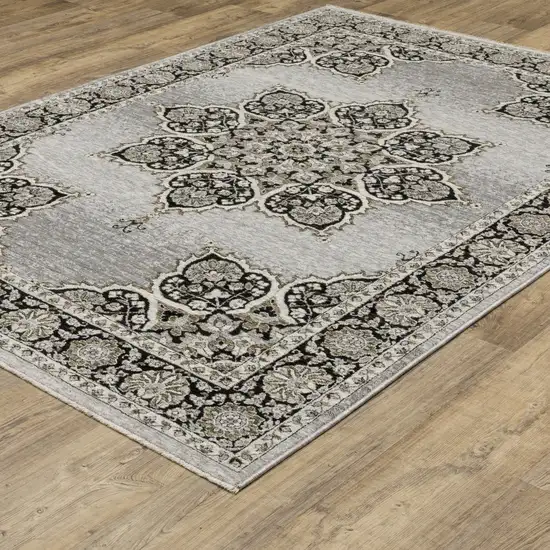 Gray And Black Medallion Area Rug With Fringe Photo 8
