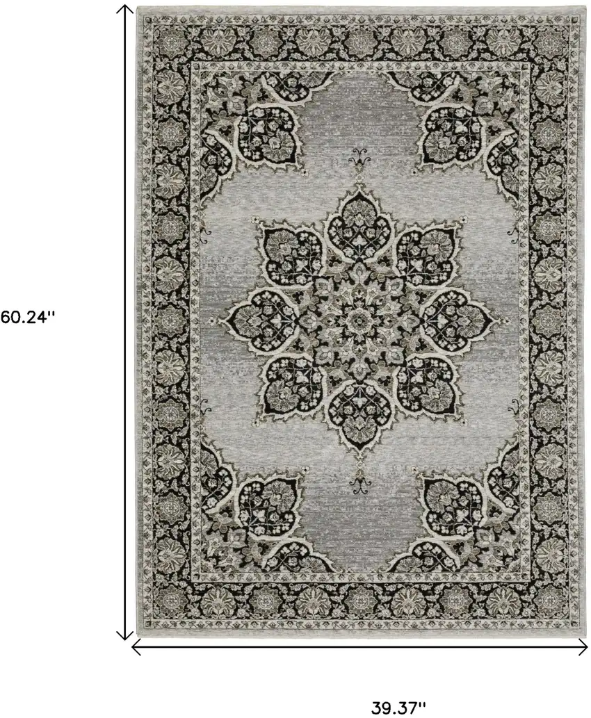 Gray And Black Medallion Area Rug With Fringe Photo 3