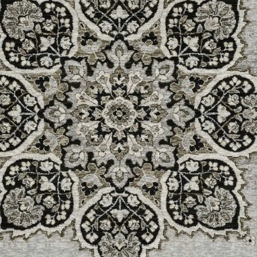 Gray And Black Medallion Area Rug With Fringe Photo 6