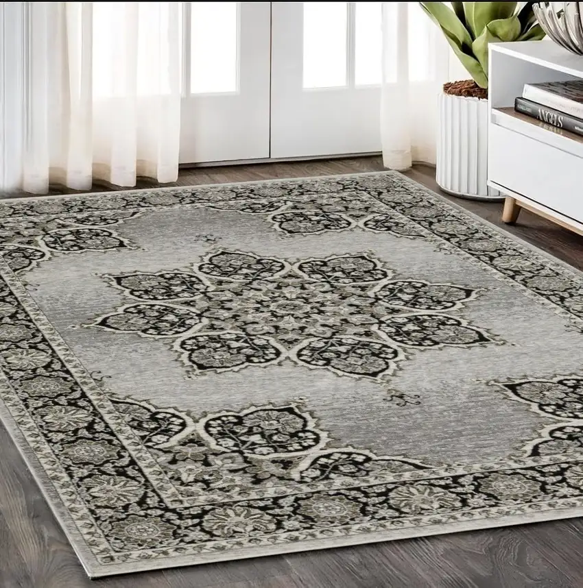 Gray And Black Medallion Area Rug With Fringe Photo 1
