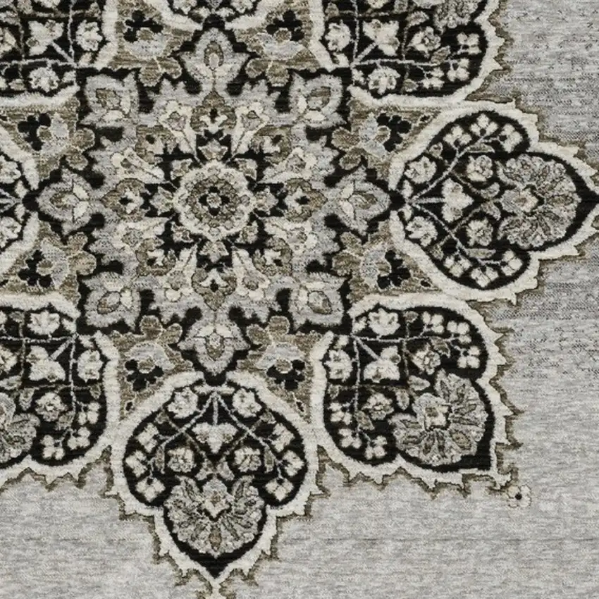 Gray And Black Medallion Area Rug With Fringe Photo 5