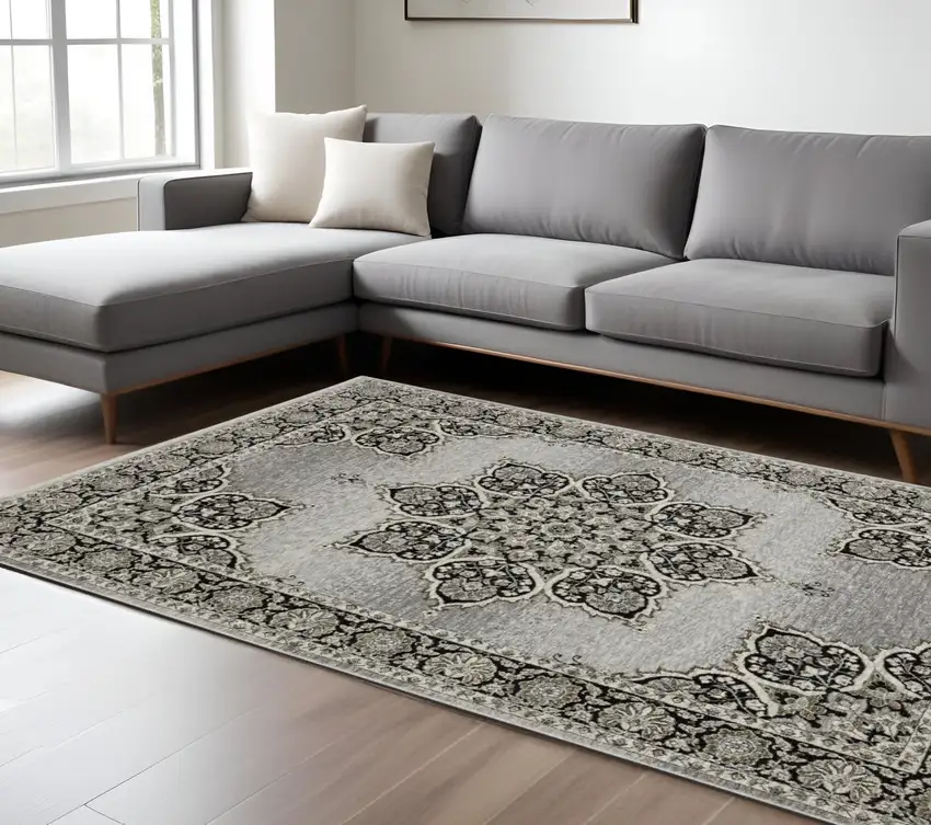 Gray And Black Medallion Area Rug With Fringe Photo 1