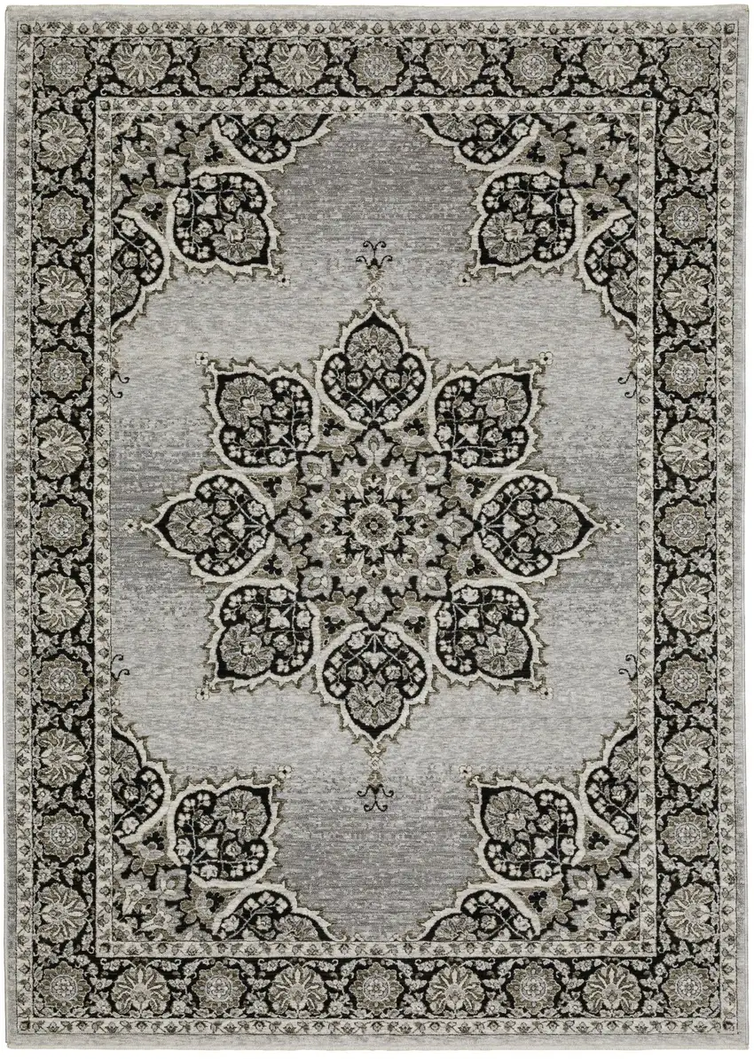 Gray And Black Medallion Area Rug With Fringe Photo 2