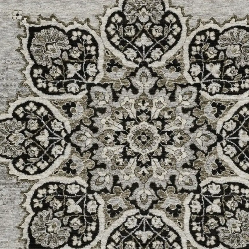 Gray And Black Medallion Area Rug With Fringe Photo 8