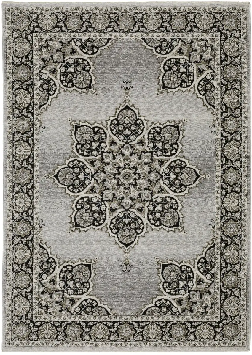 Gray And Black Medallion Area Rug With Fringe Photo 9