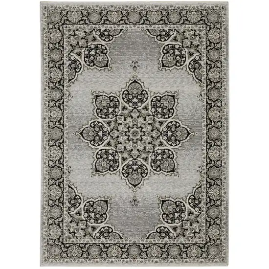 Gray And Black Medallion Area Rug With Fringe Photo 9